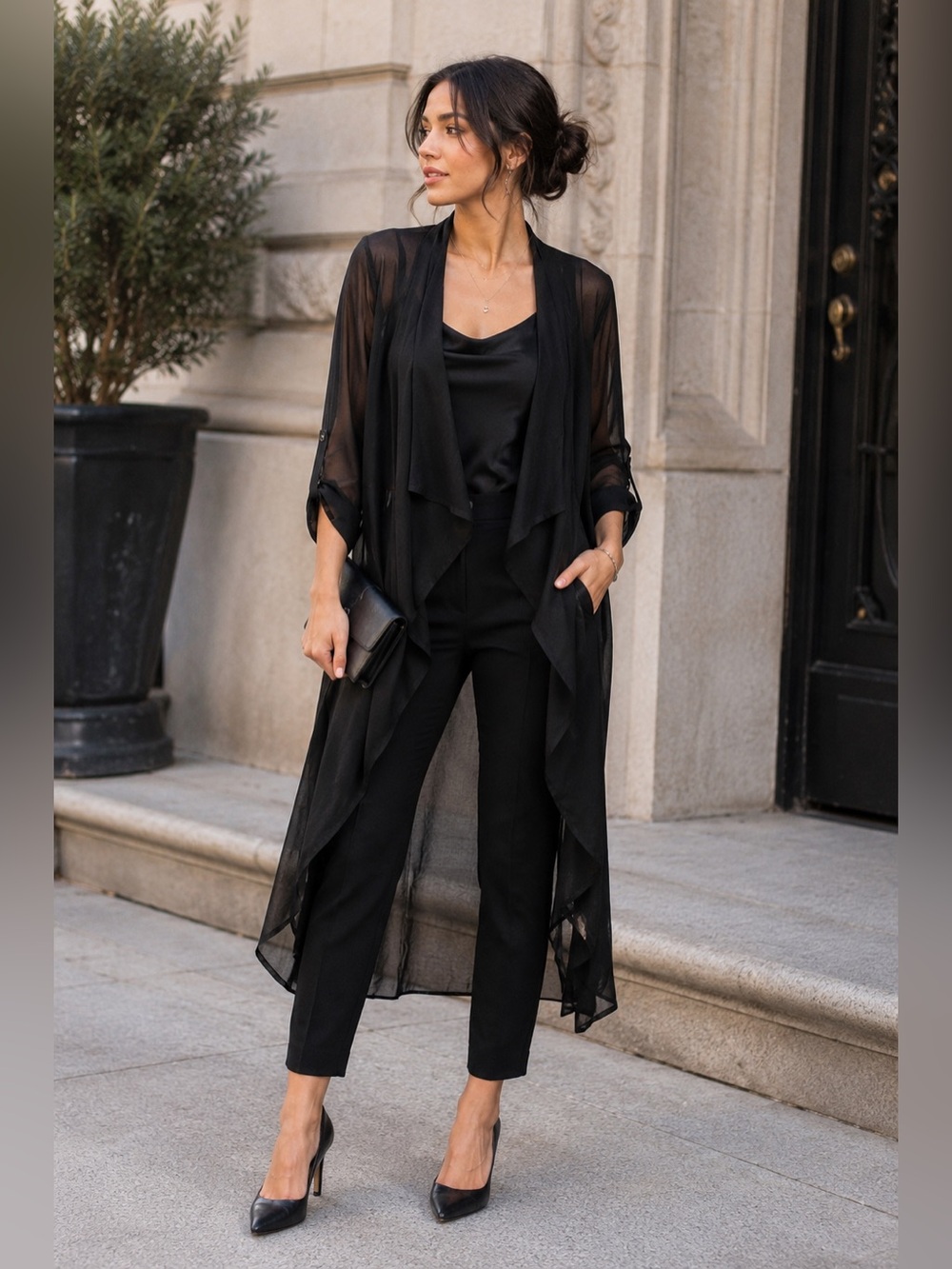 Black Sheer Waterfall Kimono Duster Cardigan Size Small 50” Long Roll Tab Sleeve